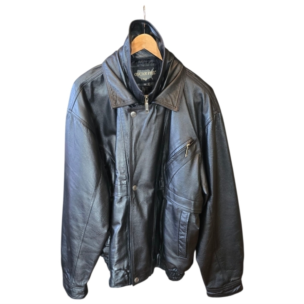 Oscar Piel Black Zip Snap Moto Style Leather Jacket 2XL